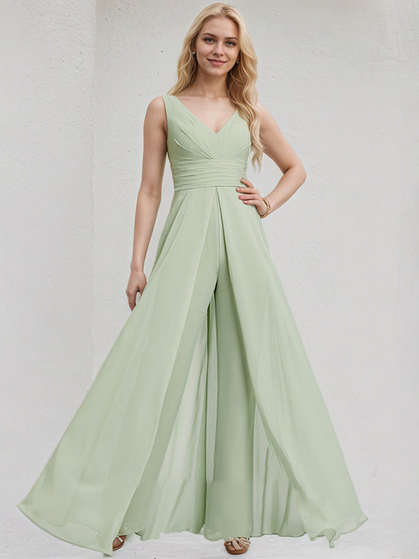 Celadon Chiffon Jumpsuit/Pantsuit V Neck Sleeveless Floor Length Bridesmaid Dress