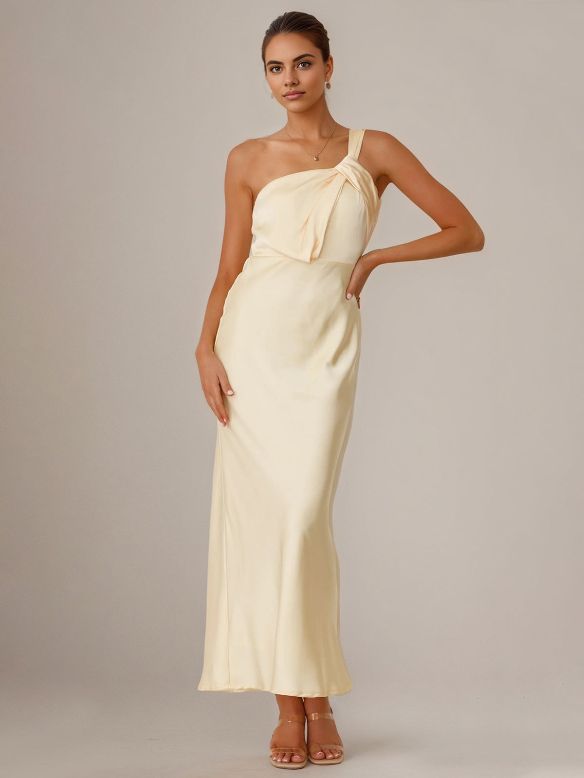 Yellow Satin Sheath/Column One Shoulder Ankle Length Bridesmaid Dresses