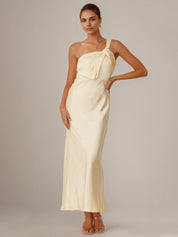 Yellow Satin Sheath/Column One Shoulder Ankle Length Bridesmaid Dresses