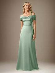 Mist Blue A Line Satin Off The Shoulder Sleeveless Floor Length Dress