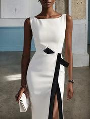 White Piping Classic Crew Neck Sleeveless Sheath Maxi Dress