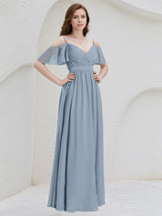 Dusty Blue Chiffon A Line Spaghetti Straps Ruffle Sleeves Floor Length Bridesmaid Dress
