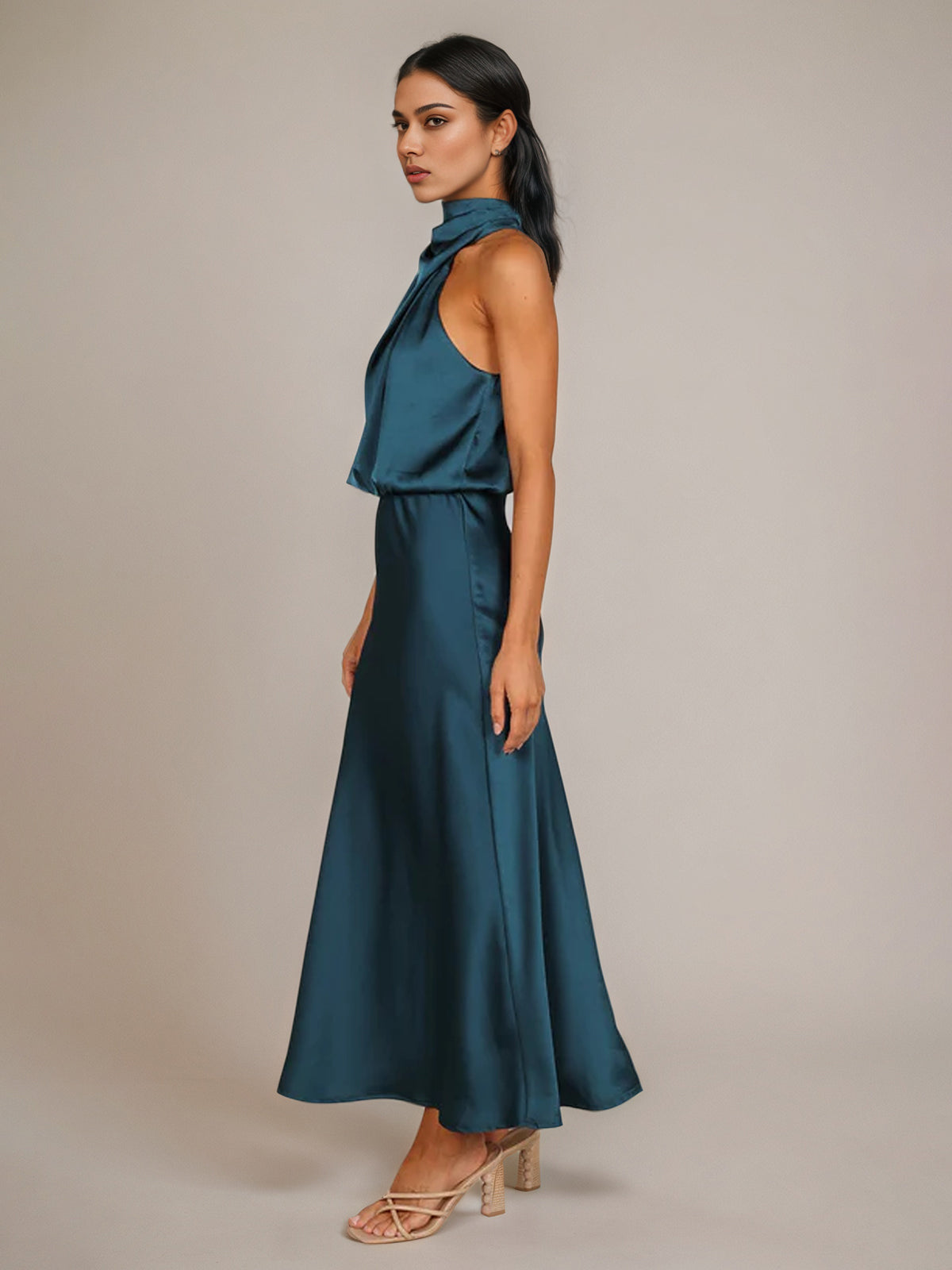 Teal Satin Sheath/Column High Neck Sleeveless Ankle Length Bridesmaid Dress