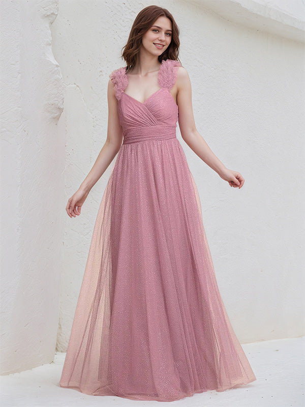 Pink Tulle A Line V Neck Sleeveless Pleated Floor Length Bridesmaid Dress