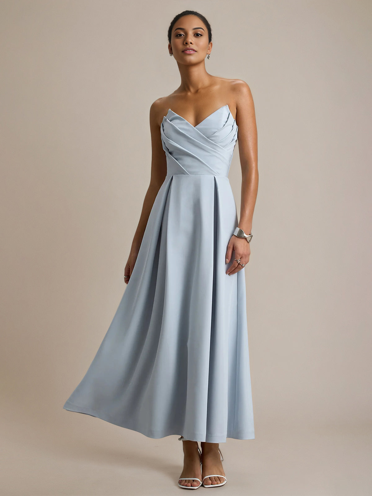 Powder Blue A Line Stretch Crepe Sweetheart Ankle Length Dress