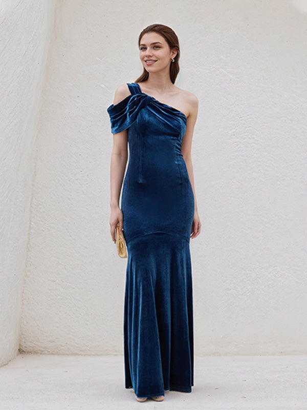 Royal Blue Trumpet/Mermaid Velvet One Shoulder Sleeveless Floor Length Dress