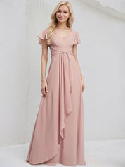 Dusty Rose Chiffon A Line V Neck Ruffle Sleeves Floor Length Bridesmaid Dress