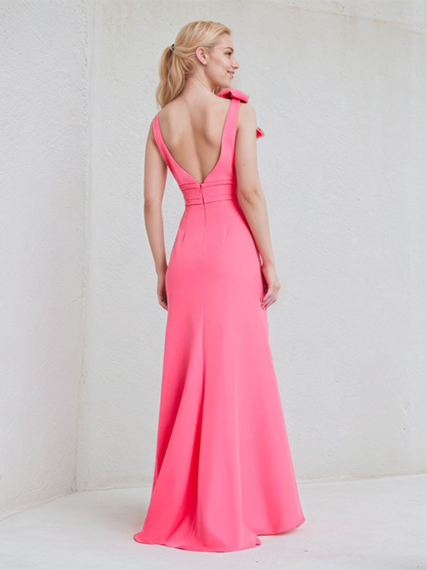 Hot Pink Chiffon V Neck Floor Length Bridesmaid Dress With Bow