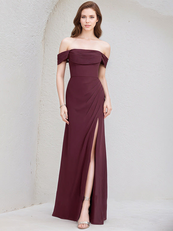 Cabernet Chiffon A Line Off the Shoulder Floor Length Bridesmaid Dress With Slit