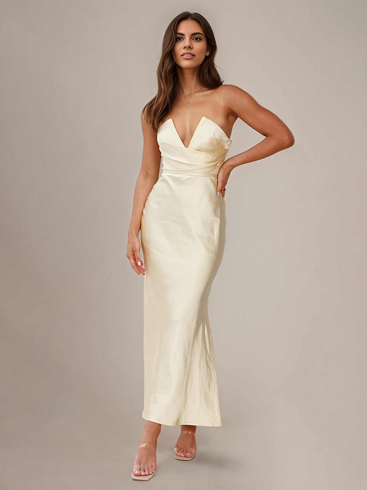 Yellow Satin Sheath/Column V Neck Ankle Length Bridesmaid Dresses