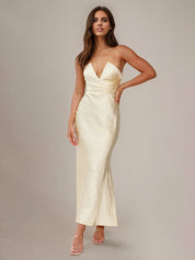 Yellow Satin Sheath/Column V Neck Ankle Length Bridesmaid Dresses