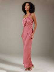 Rose Pink Satin Sheath/Column One Shoulder Ankle Length Bridesmaid Dresses
