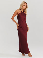 Plum Satin Sheath/Column Halter Neck Sleeveless Ankle Length Bridesmaid Dresses