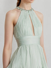 Mint Green A Line Chiffon Halter Neck Floor Length Bridesmaid Dress With Ruffle