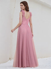 Pink Tulle A Line V Neck Sleeveless Pleated Floor Length Bridesmaid Dress