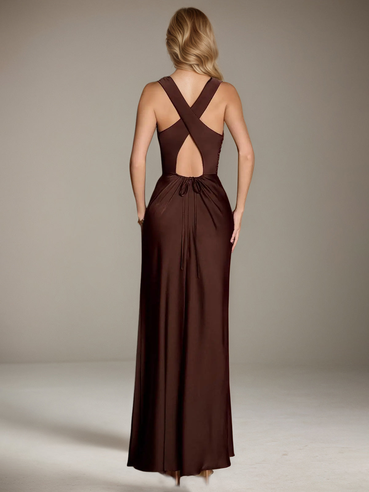 Chocolate Sheath/Column Scoop Sleeveless Floor-Length Satin Bridesmaid Dress