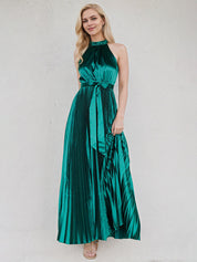 Peacock A Line Satin Halter Neck Sleeveless Floor Length Dress