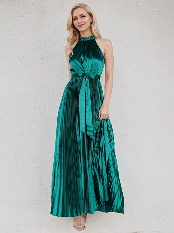 Peacock A Line Satin Halter Neck Sleeveless Floor Length Dress