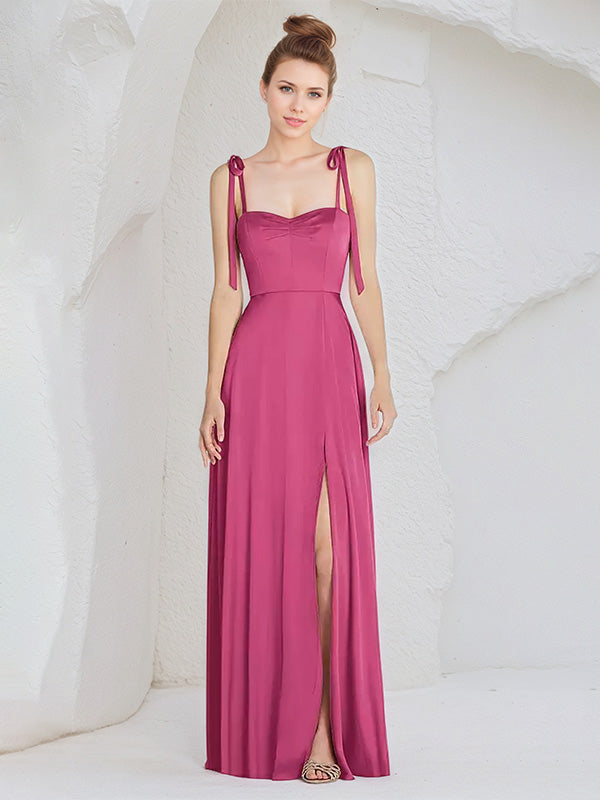 Spaghetti Straps Sleeveless Floor-Length With Ruffles Satin Dresses main image 1