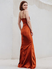 Rust Sheath/Column Satin Spaghetti Straps Sleeveless Floor Length Dress