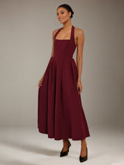 Wine Stretch Crepe A Line Halter Neck Sleeveless Ankle Length Bridesmaid Dresses