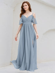 Dusty Blue Chiffon A Line Spaghetti Straps Ruffle Sleeves Floor Length Bridesmaid Dress