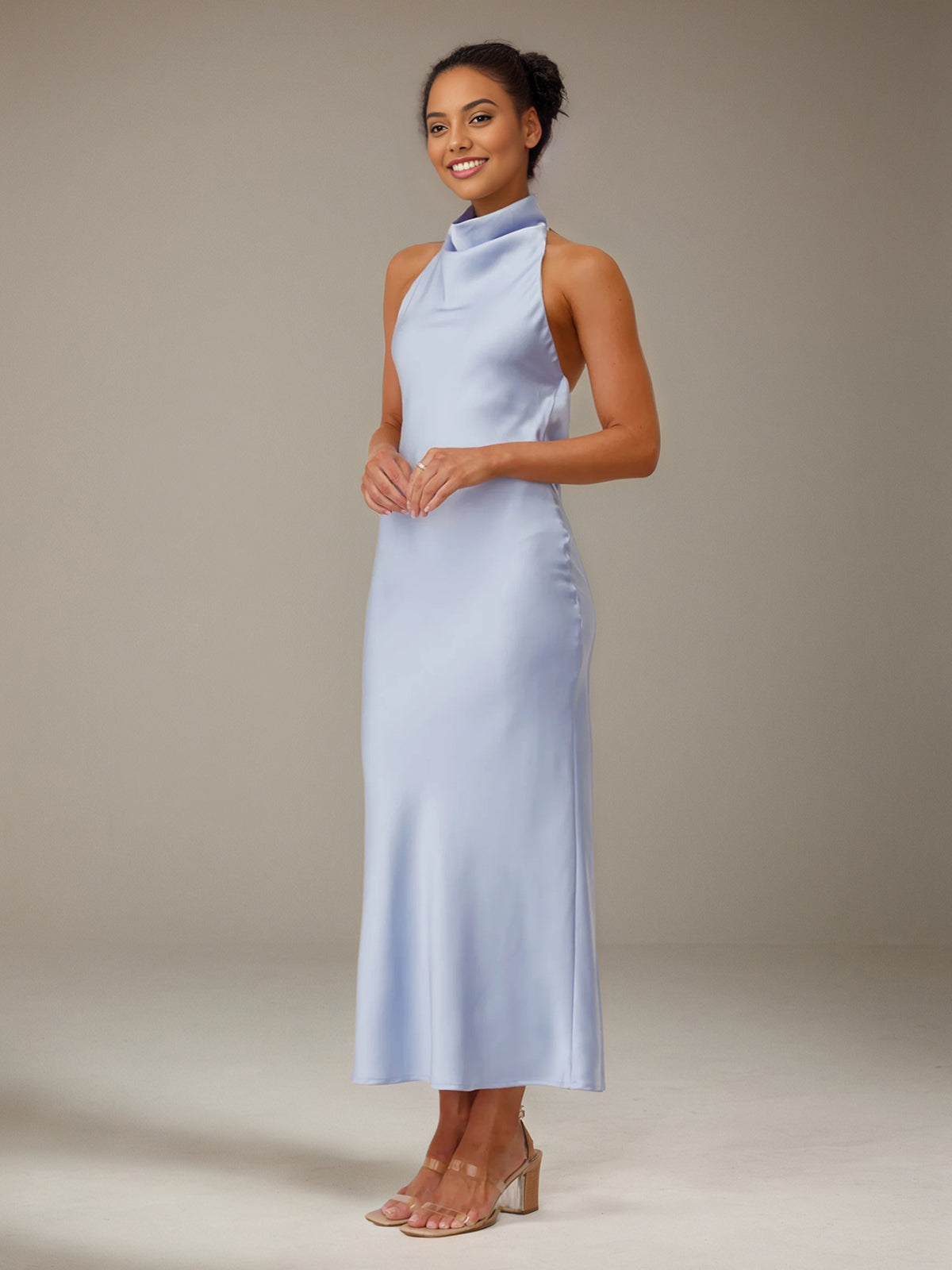 Blue Satin Sheath/Column High Neck Ankle Length Bridesmaid Dresses