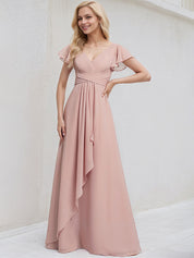 Dusty Rose Chiffon A Line V Neck Ruffle Sleeves Floor Length Bridesmaid Dress