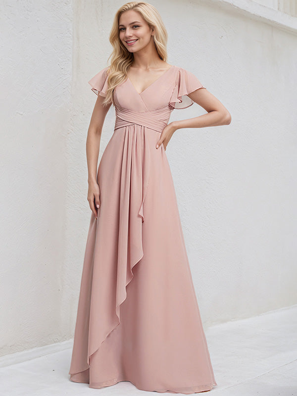 Dusty Rose Chiffon A Line V Neck Ruffle Sleeves Floor Length Bridesmaid Dress