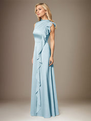 Sky Blue A Line Satin High Neck Sleeveless Floor Length Dress