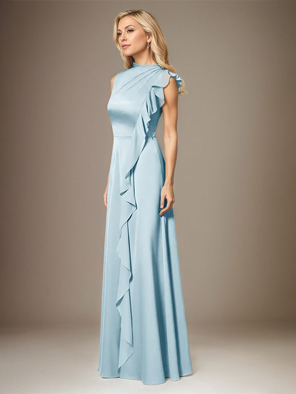 Sky Blue A Line Satin High Neck Sleeveless Floor Length Dress