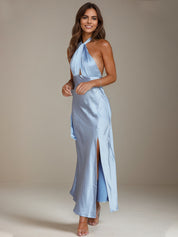 Blue Satin Sheath/Column Halter Neck Ankle Length Bridesmaid Dresses