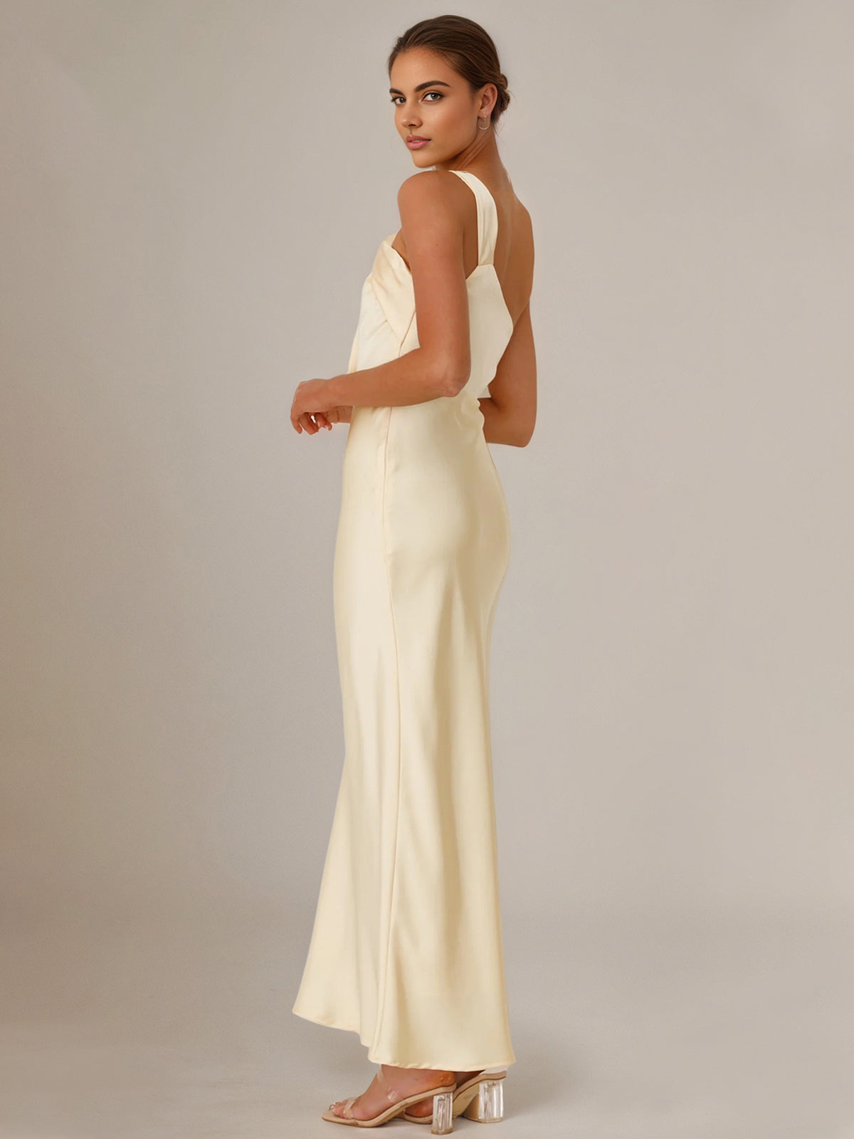 Yellow Satin Sheath/Column One Shoulder Ankle Length Bridesmaid Dresses