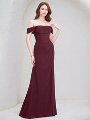 Cabernet Chiffon A Line Off the Shoulder Floor Length Bridesmaid Dress With Slit