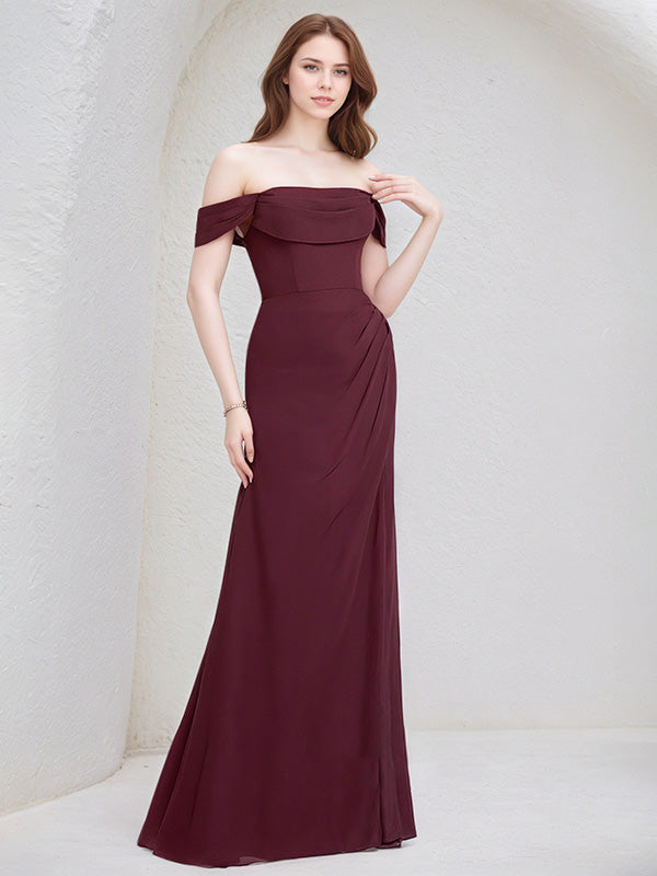 Cabernet Chiffon A Line Off the Shoulder Floor Length Bridesmaid Dress With Slit