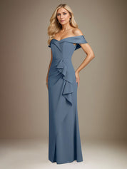 Steel Blue Trumpet/Mermaid Stretch Crepe Off The Shoulder Sleeveless Floor Length Dress