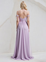 Lilac A Line Chiffon Spaghetti Straps Sleeveless Floor Length Dress With Bow