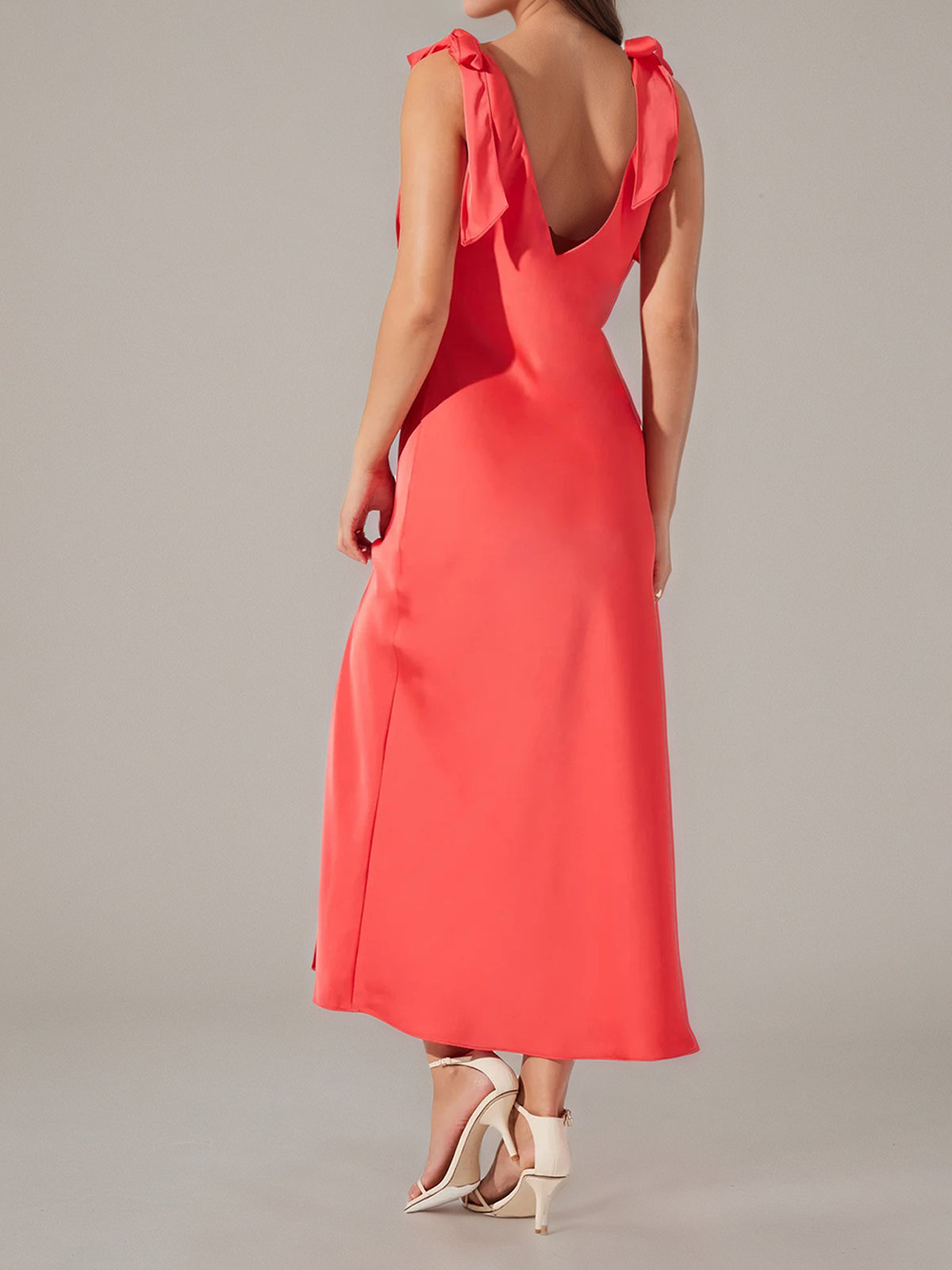 Coral Satin A Line V Neck Sleeveless Ankle Length Dress