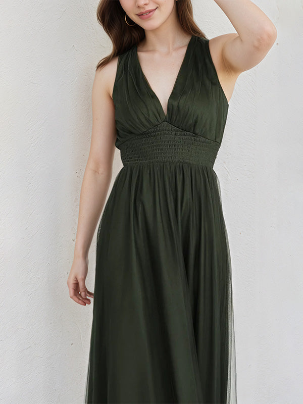 Dark Green A Line Tulle V Neck Sleeveless Floor Length Dress