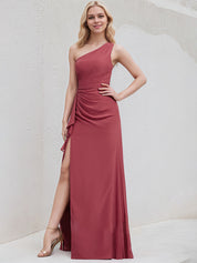 Desert Rose Chiffon A Line One Shoulder Sleeveless Floor Length Bridesmaid Dress