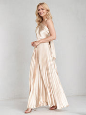 Champagne A Line Satin Cross Neck Sleeveless Floor Length Dress