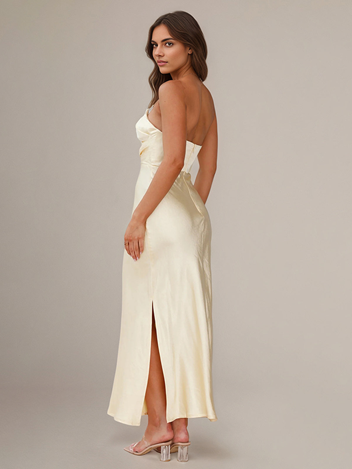 Yellow Satin Sheath/Column V Neck Ankle Length Bridesmaid Dresses