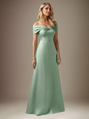 Mist Blue A Line Satin Off The Shoulder Sleeveless Floor Length Dress