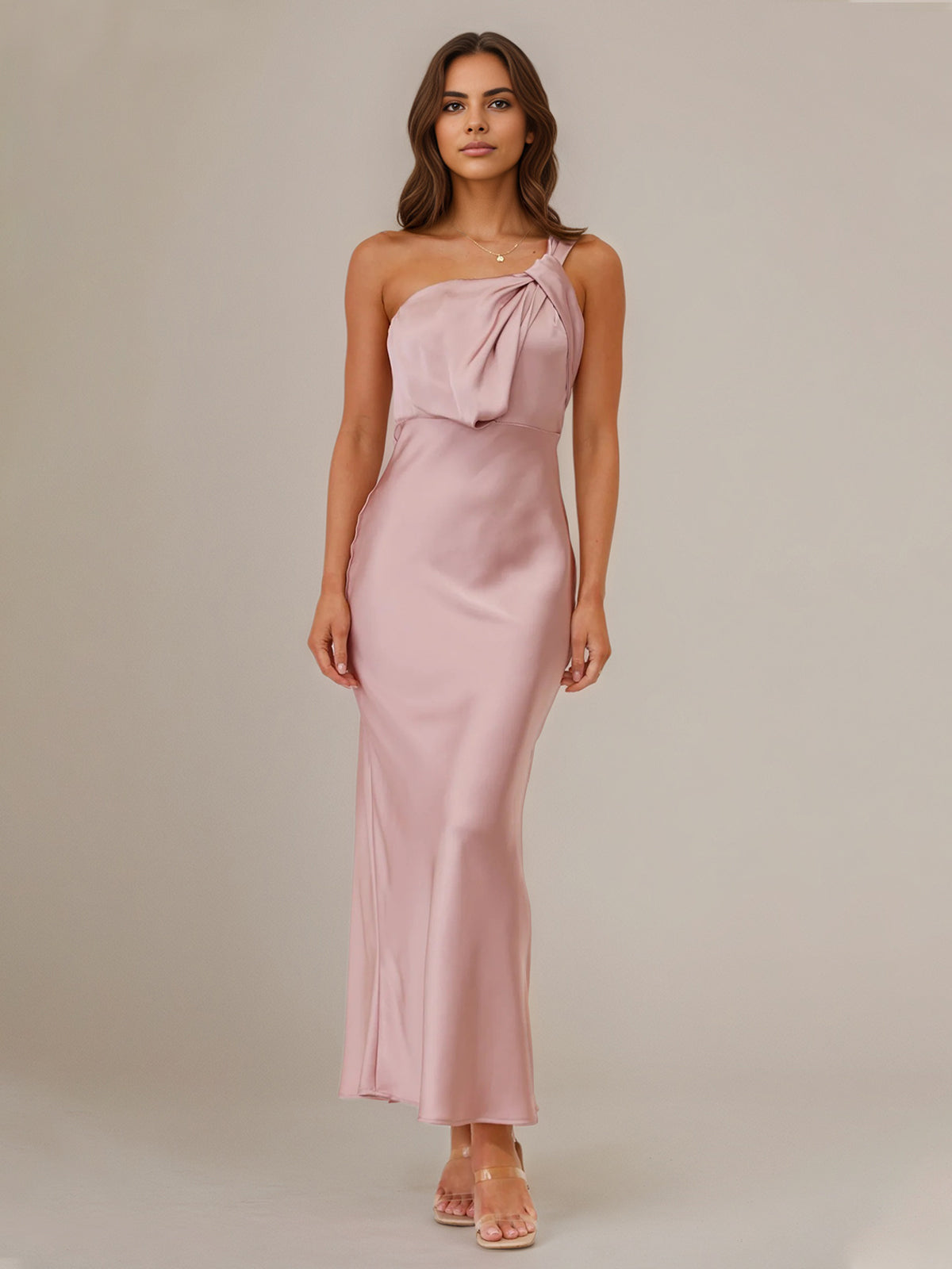 Dusty Rose Satin Sheath/Column One Shoulder Sleeveless Ankle Length Bridesmaid Dress