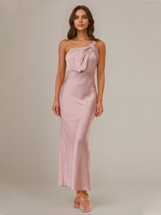 Dusty Rose Satin Sheath/Column One Shoulder Sleeveless Ankle Length Bridesmaid Dress