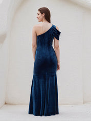Royal Blue Trumpet/Mermaid Velvet One Shoulder Sleeveless Floor Length Dress