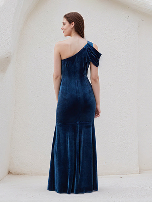 Royal Blue Trumpet/Mermaid Velvet One Shoulder Sleeveless Floor Length Dress