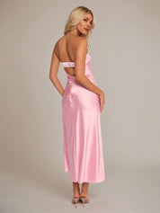 Pink Satin Sheath/Column Off The Shoulder Sleeveless Ankle Length Bridesmaid Dress