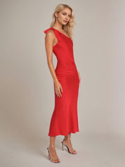 Red Satin Sheath/Column One Shoulder Sleeveless Ankle Length Bridesmaid Dress