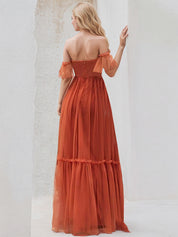 Burnt Orange Tulle A Line Sweetheart Short Sleeves Floor Length Bridesmaid Dress